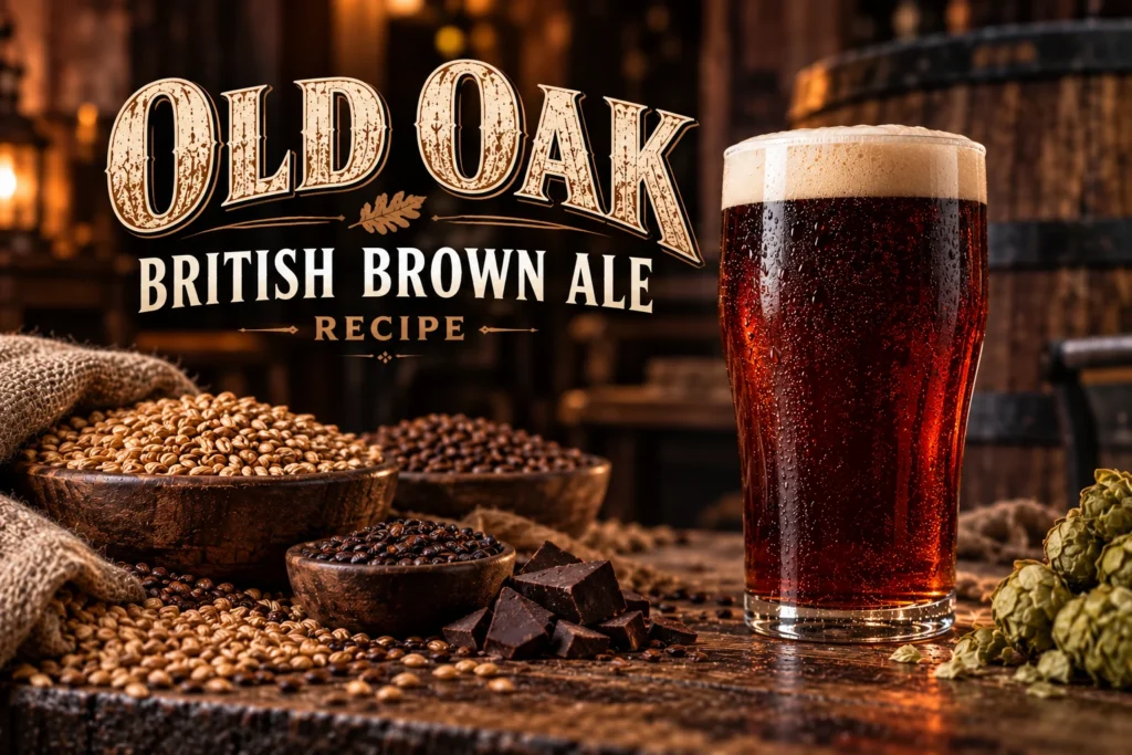 Old Oak British Brown Ale recipe – reddish-brown beer with creamy foam, Maris Otter malt and English hops