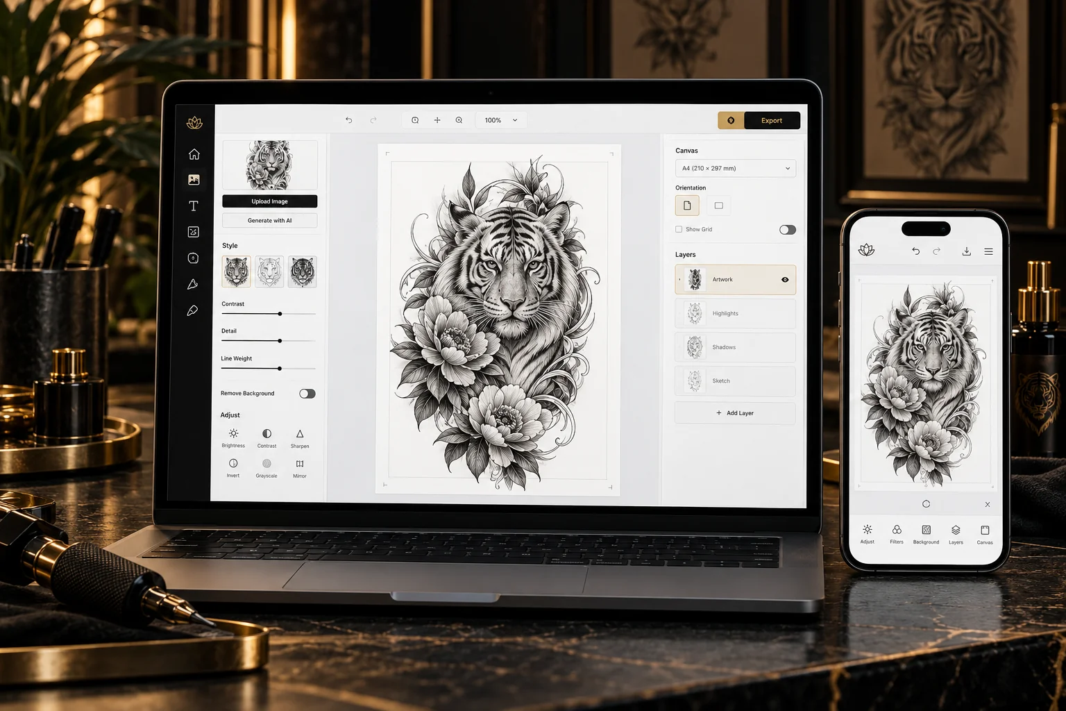 Tattoo stencil editor illustrated on laptop and smartphone with a tiger tattoo design