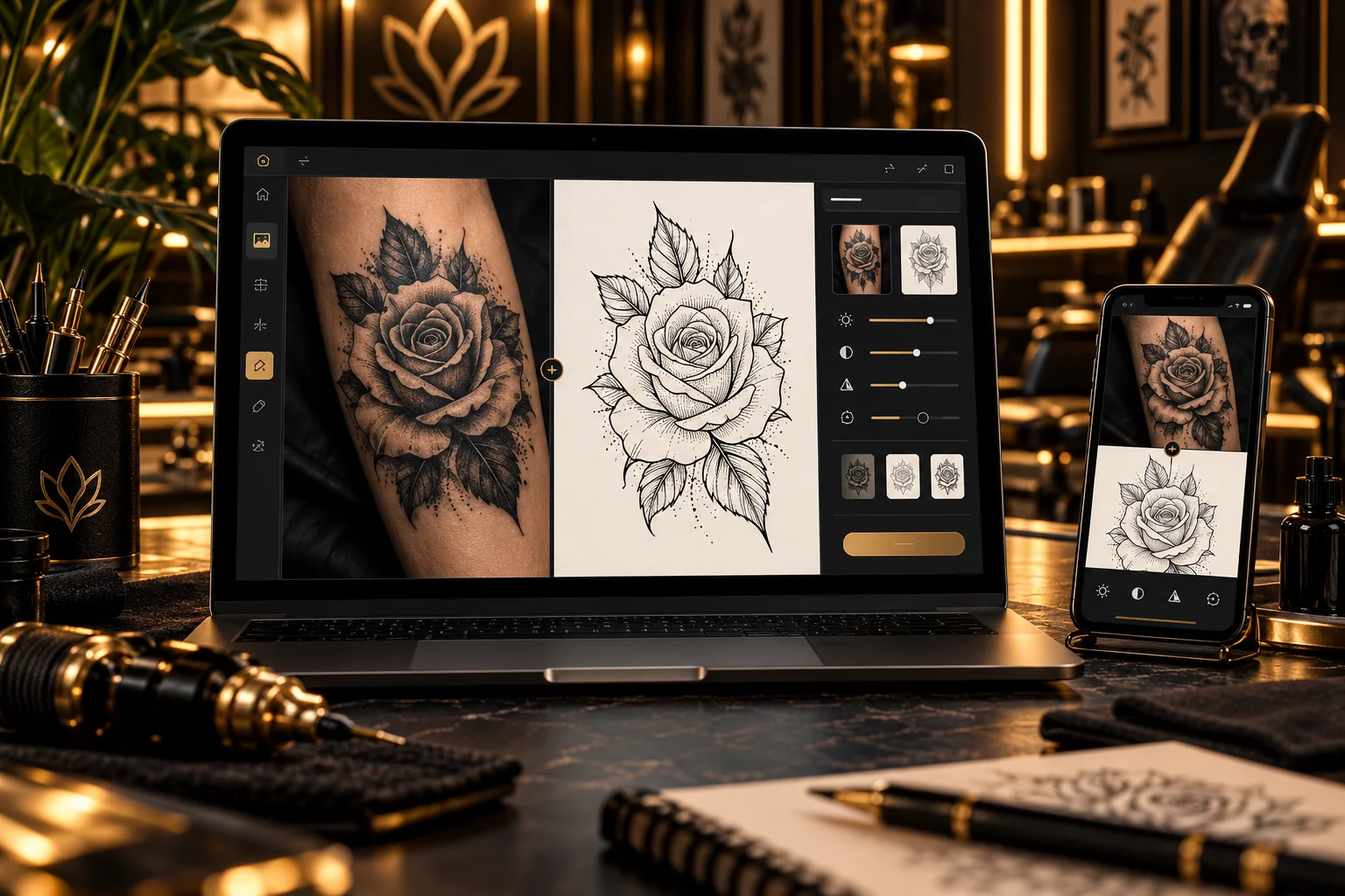 Rose tattoo on skin compared with a refined black and white tattoo stencil design