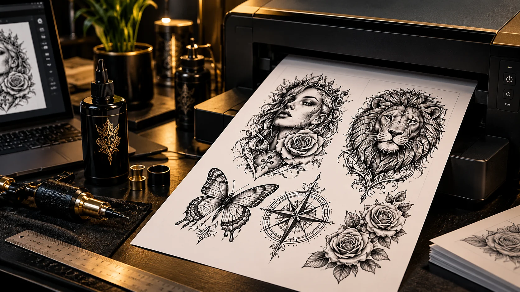 Printable A4 tattoo stencil sheet with portrait lion butterfly compass and floral designs coming from a printer